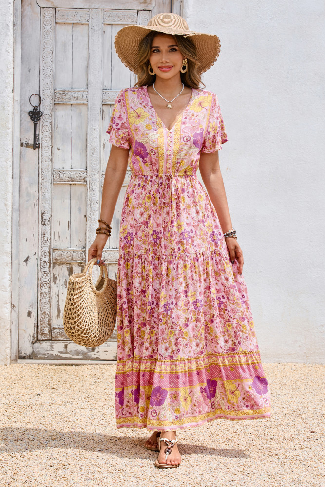 R.Vivimos Womens Summer Floral Print Cotton Short Sleeve Flowy Dress