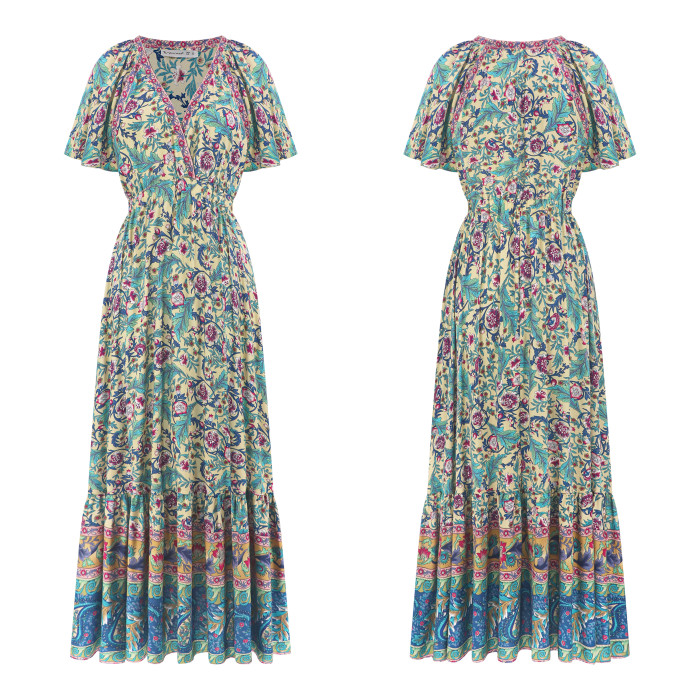 R.Vivimos Women's Summer V Neck Maxi Dress Boho Floral Print Short Sleeve Elastic Waist Ruffle Patchwork A-Line Beach Dress