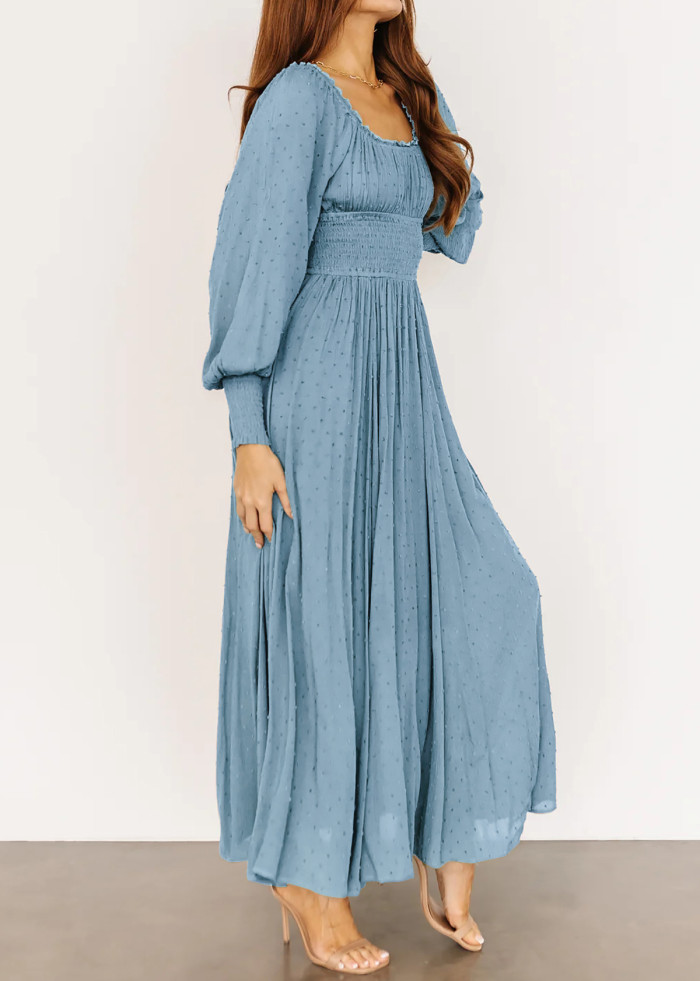R.Vivimos Women's Puff Long Sleeve Maxi Dress Square Neck Elastic Empire Waist Swiss Dots Casual Flowy A-Line Long Dresses
