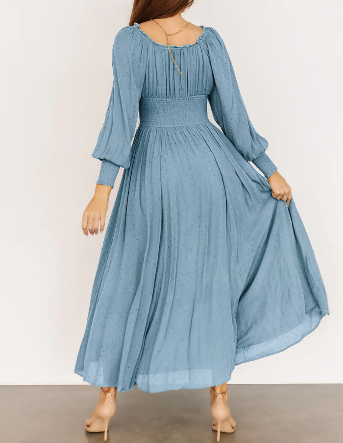 R.Vivimos Women's Puff Long Sleeve Maxi Dress Square Neck Elastic Empire Waist Swiss Dots Casual Flowy A-Line Long Dresses