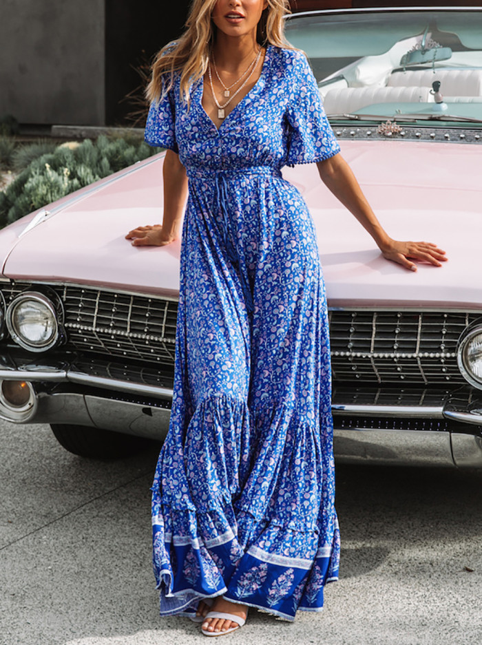 R.Vivimos Womens Summer Cotton Short Sleeve V Neck Floral Print Casual Bohemian Long Dresses