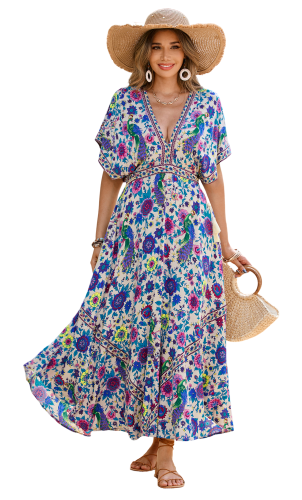 R.Vivimos Women Summer Print Deep V Neck Cotton Beach Midi Dresses