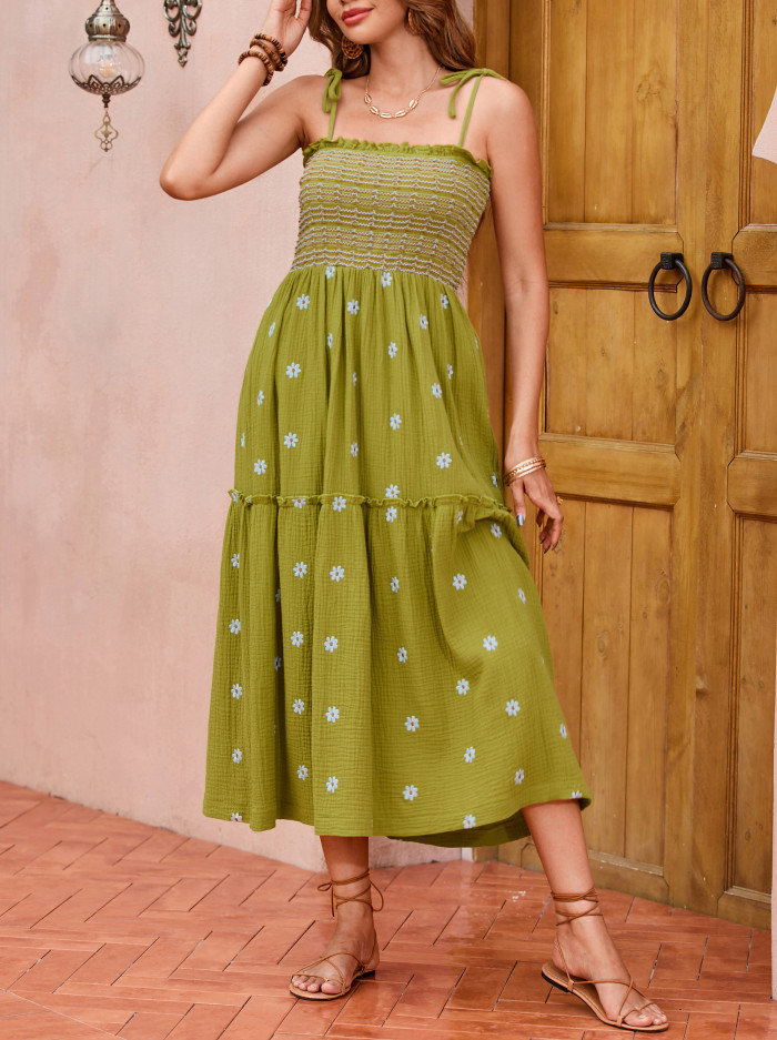 R.Vivimos Womens Summer Cotton Boho Midi Dress 2025 Spaghetti Strap Floral Embroidered Smocked Flowy Pockets Dress