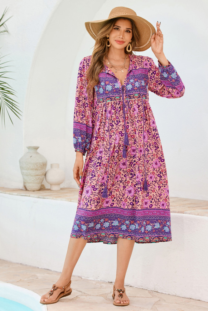 R.Vivimos Women's Long Sleeve Floral Print Retro V Neck Tassel Bohemian Midi Dresses