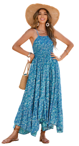 R.Vivimos Women's Summer Maxi Dress Spaghetti Strap Boho Floral Print Smocked Backless Casual Ruffle Flowy Long Dresses