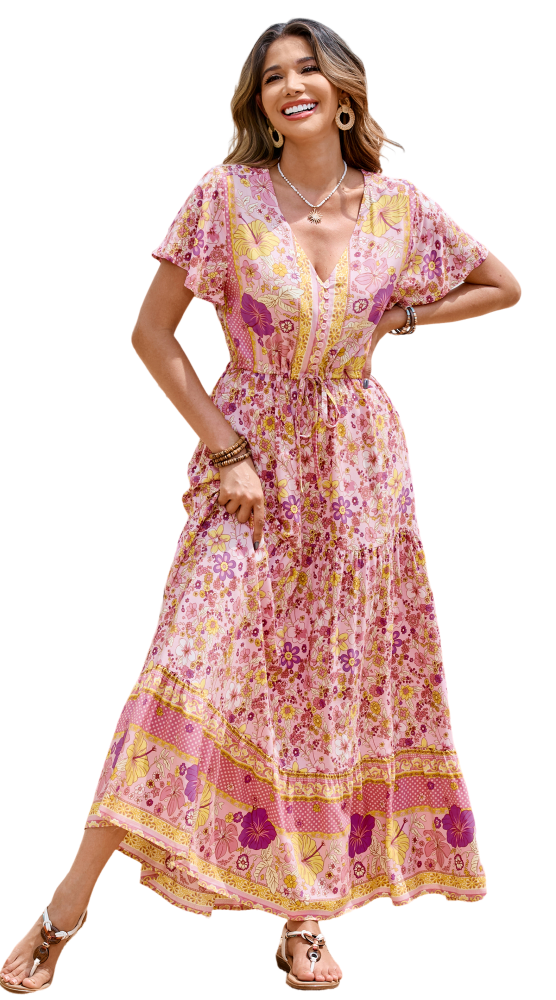 R.Vivimos Womens Summer Floral Print Cotton Short Sleeve Flowy Dress