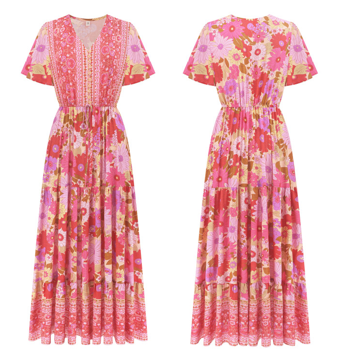 R.Vivimos Womens Summer Floral Print Cotton Short Sleeve Flowy Dress