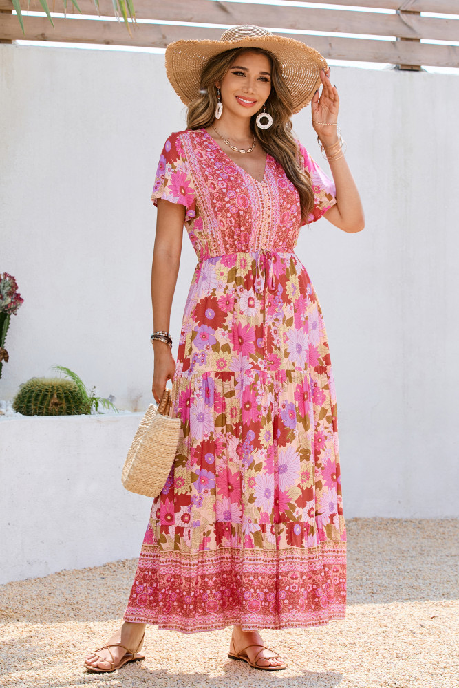 R.Vivimos Womens Summer Floral Print Cotton Short Sleeve Flowy Dress