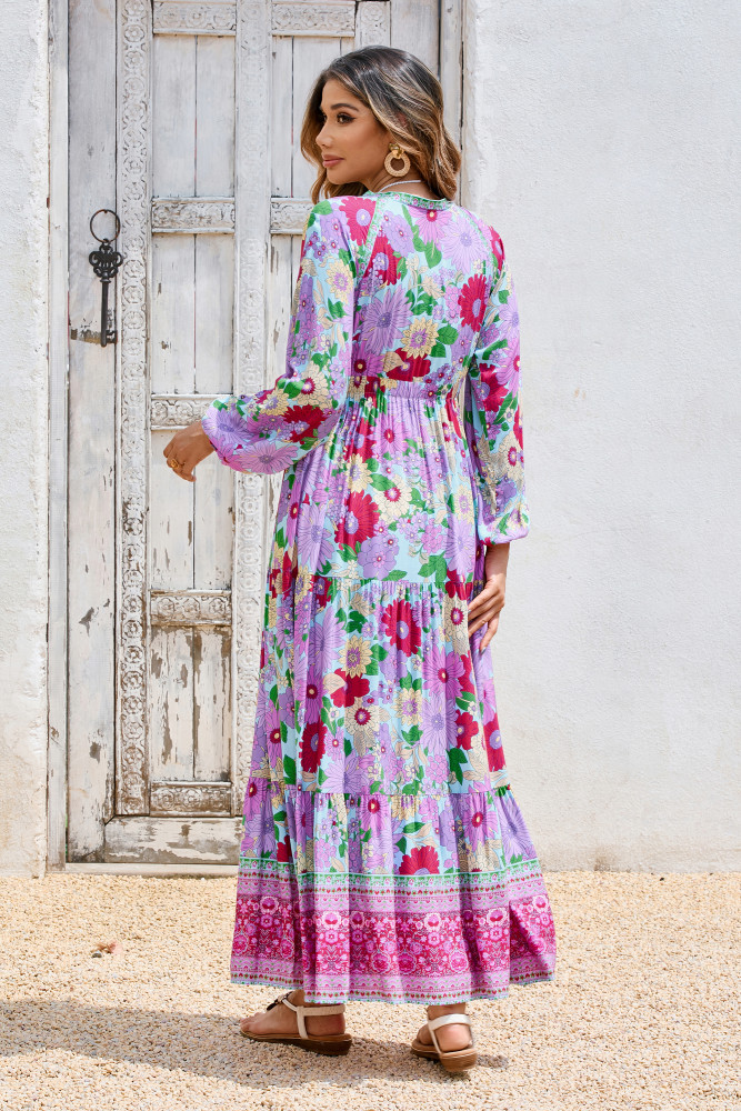 R.Vivimos Women's Boho Floral Print Maxi Dress V Neck Long Sleeve Elastic Waist Casual Flowy Slit Long Sundress