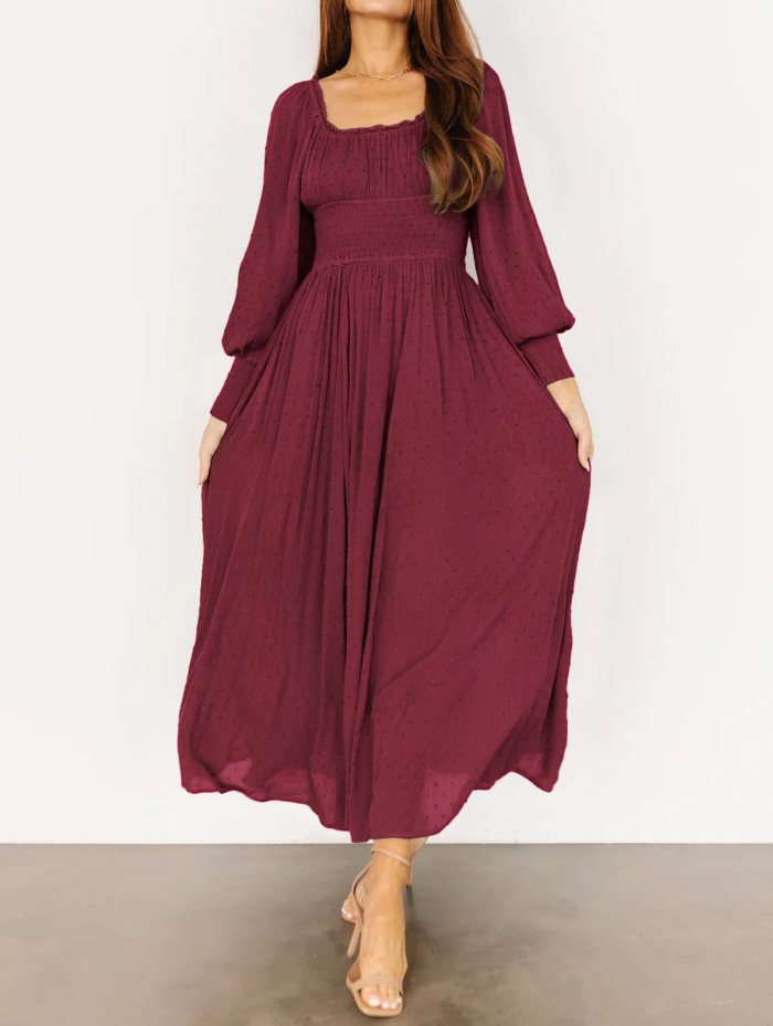 R.Vivimos Women's Puff Long Sleeve Maxi Dress Square Neck Elastic Empire Waist Swiss Dots Casual Flowy A-Line Long Dresses