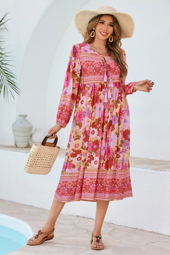 R.Vivimos Women's Long Sleeve Floral Print Retro V Neck Tassel Bohemian Midi Dresses