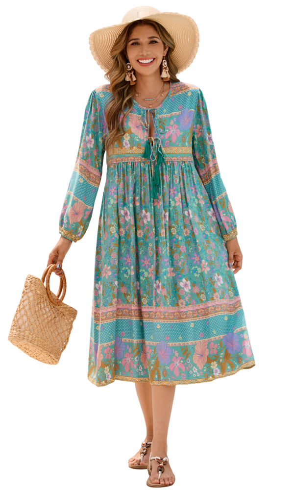 R.Vivimos Women's Long Sleeve Floral Print Retro V Neck Tassel Bohemian Midi Dresses