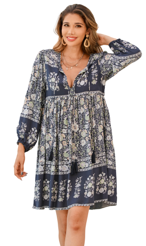 R.Vivimos Womens Long Sleeve Floral Casual Print Cotton Mini Tunic Dress