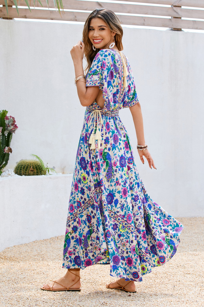 R.Vivimos Women Summer Print Deep V Neck Cotton Beach Midi Dresses