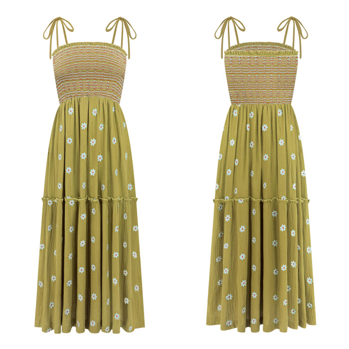 R.Vivimos Womens Summer Cotton Boho Midi Dress 2025 Spaghetti Strap Floral Embroidered Smocked Flowy Pockets Dress