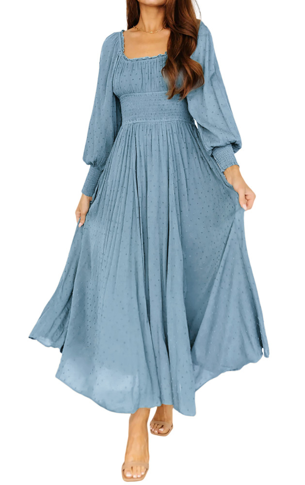 R.Vivimos Women's Puff Long Sleeve Maxi Dress Square Neck Elastic Empire Waist Swiss Dots Casual Flowy A-Line Long Dresses