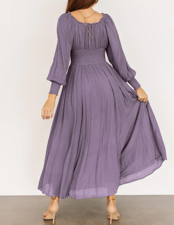 R.Vivimos Women's Puff Long Sleeve Maxi Dress Square Neck Elastic Empire Waist Swiss Dots Casual Flowy A-Line Long Dresses