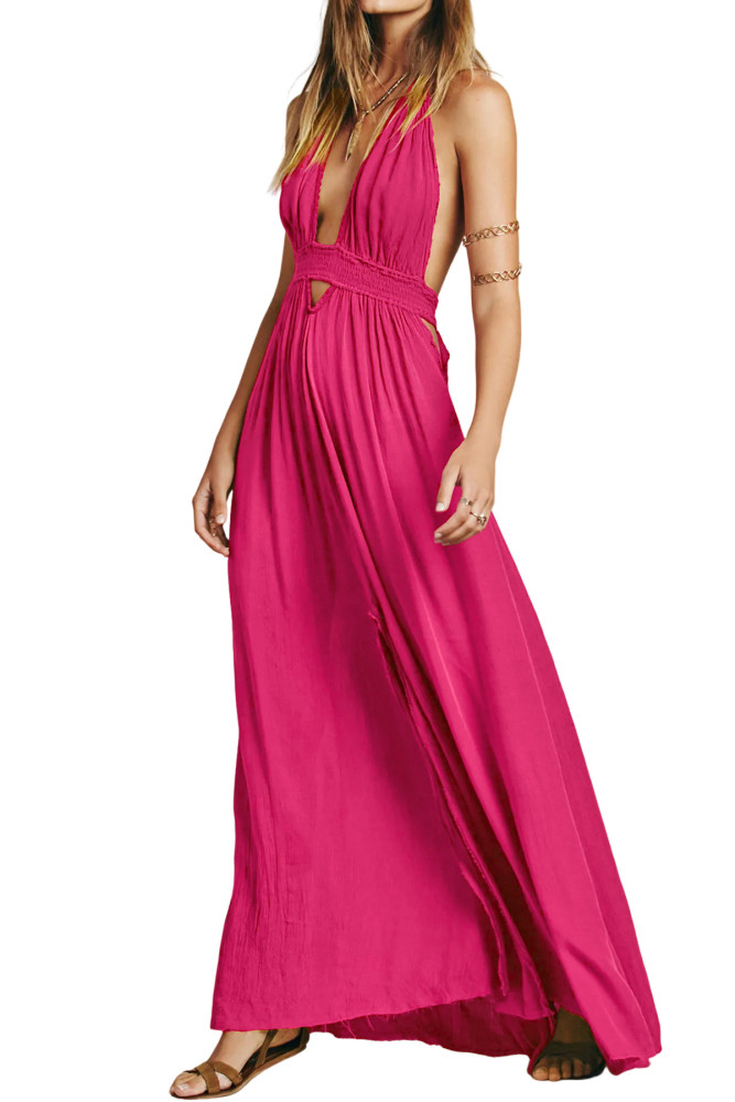 R.Vivimos Boho Maxi Dresses for Women 2025 Summer Sleeveless Halter Elastic Waist Sexy Backless Front Slit Flowy Long Dresses