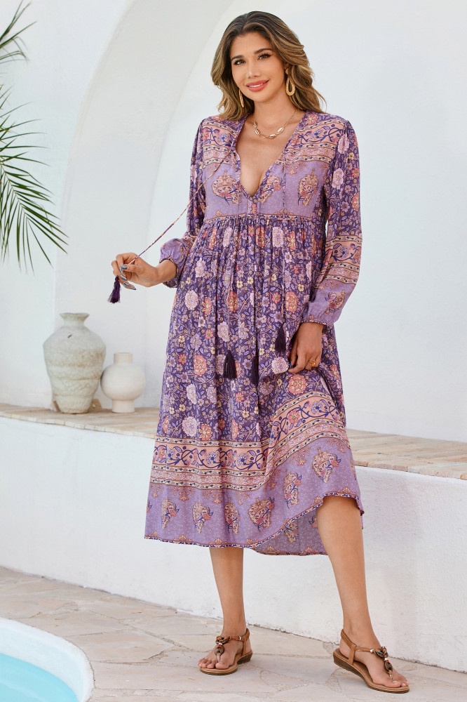 R.Vivimos Women's Long Sleeve Floral Print Retro V Neck Tassel Bohemian Midi Dresses