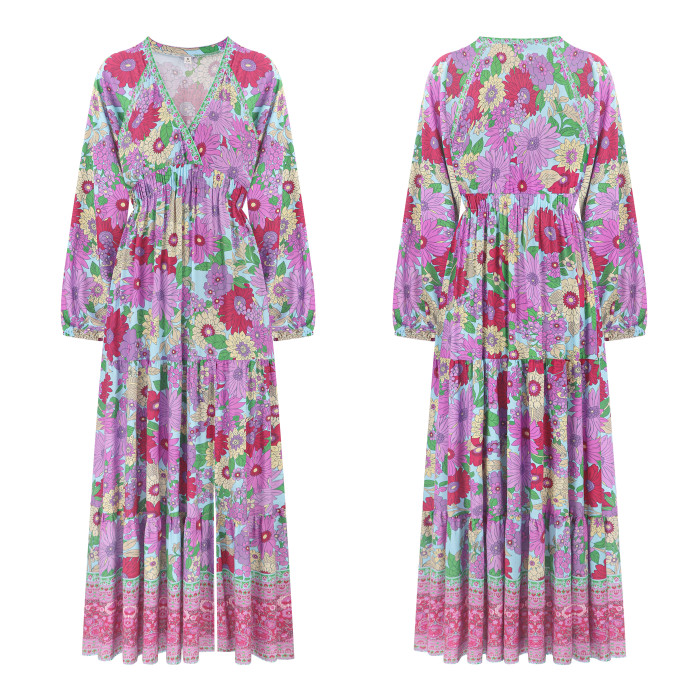 Women's Boho Floral Maxi Dress - V Neck Long Sleeve Elastic Waist Beach Dress