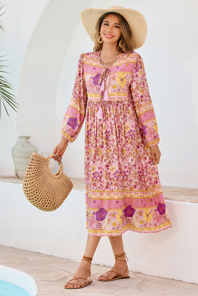 R.Vivimos Women's Long Sleeve Floral Print Retro V Neck Tassel Bohemian Midi Dresses