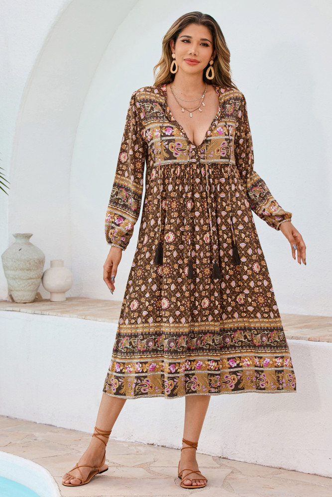 R.Vivimos Women's Long Sleeve Floral Print Retro V Neck Tassel Bohemian Midi Dresses