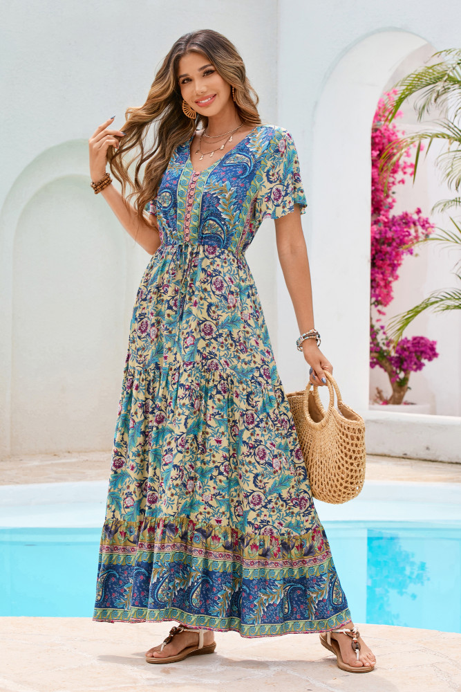 R.Vivimos Womens Summer Floral Print Cotton Short Sleeve Flowy Dress