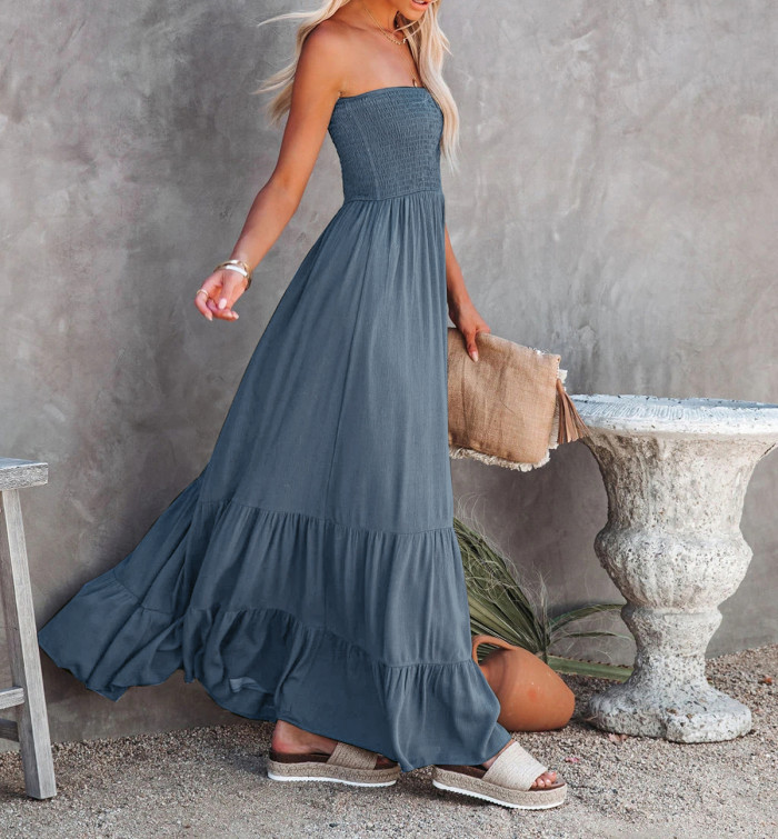 R.Vivimos Womens Summer Cotton Floral Print Strapless Boho Beach Casual Midi Tube Dresses