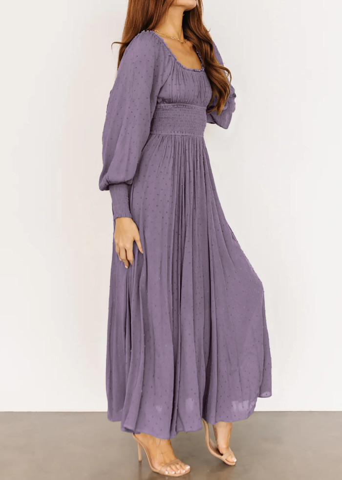 R.Vivimos Women's Puff Long Sleeve Maxi Dress Square Neck Elastic Empire Waist Swiss Dots Casual Flowy A-Line Long Dresses