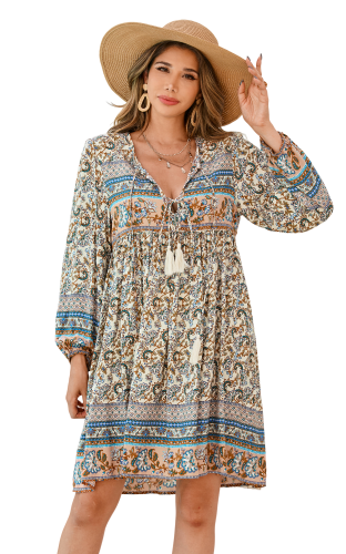 R.Vivimos Womens Long Sleeve Floral Casual Print Cotton Mini Tunic Dress