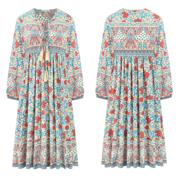 R.Vivimos Women's Long Sleeve Floral Print Retro V Neck Tassel Bohemian Midi Dresses