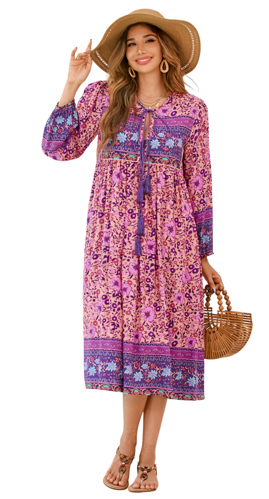 R.Vivimos Women's Long Sleeve Floral Print Retro V Neck Tassel Bohemian Midi Dresses