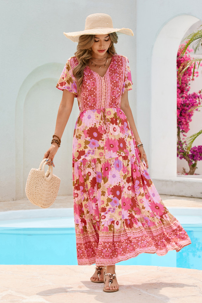 R.Vivimos Womens Summer Floral Print Cotton Short Sleeve Flowy Dress