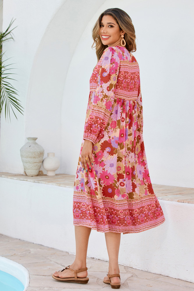R.Vivimos Women's Long Sleeve Floral Print Retro V Neck Tassel Bohemian Midi Dresses