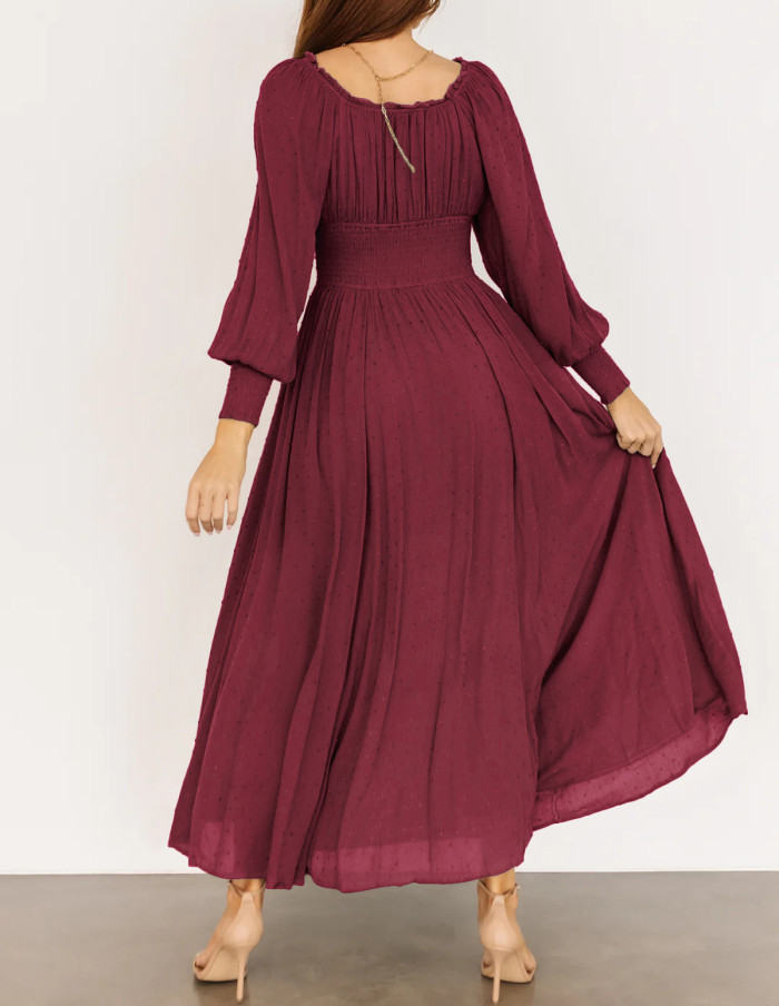 R.Vivimos Women's Puff Long Sleeve Maxi Dress Square Neck Elastic Empire Waist Swiss Dots Casual Flowy A-Line Long Dresses