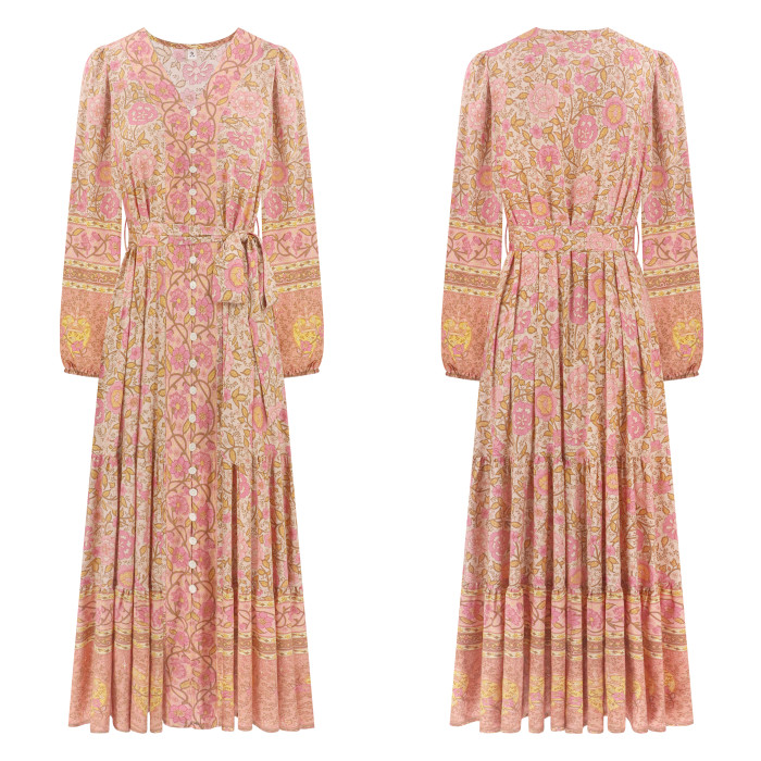 R.Vivimos Women's Long Sleeve Boho Midi Dress V Neck Floral Print Casual Button Down Loose Ruffle Beach Long Dress with Belt