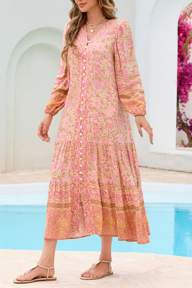 R.Vivimos Women's Long Sleeve Boho Midi Dress V Neck Floral Print Casual Button Down Loose Ruffle Beach Long Dress with Belt