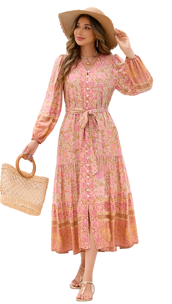 R.Vivimos Women's Long Sleeve Boho Midi Dress V Neck Floral Print Casual Button Down Loose Ruffle Beach Long Dress with Belt