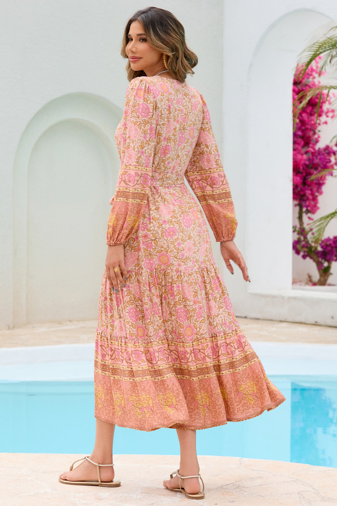 R.Vivimos Women's Long Sleeve Boho Midi Dress V Neck Floral Print Casual Button Down Loose Ruffle Beach Long Dress with Belt