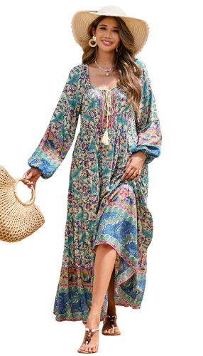 R.Vivimos Boho Maxi Dresses for Women 2025 Floral Print Long Sleeve Casual Button Up Loose Flowy Beach Long Dresses