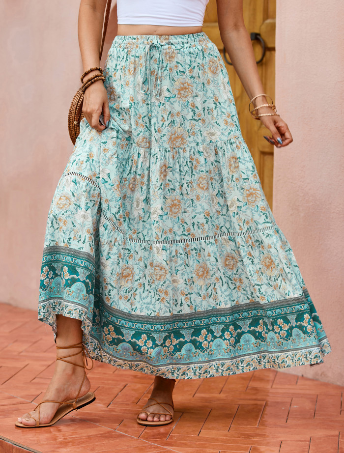 R.Vivimos Womens Summer Cotton Vintage Floral Print Boho Casual Long Skirt