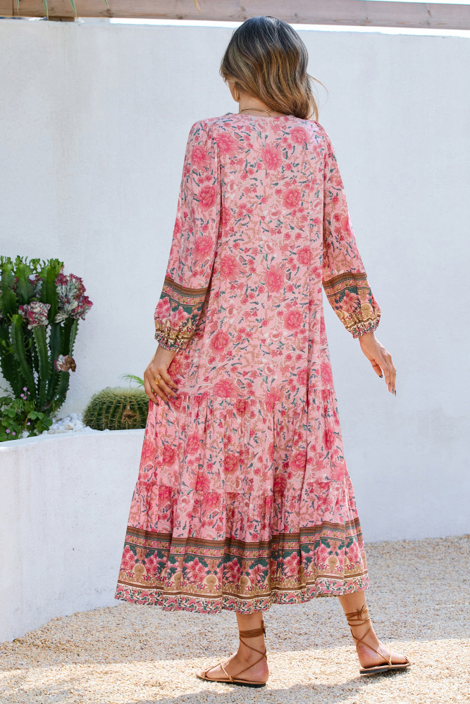 R.Vivimos Women's Long Sleeve Boho Midi Dress V Neck Floral Print Casual Button Down Loose Ruffle Beach Long Dress with Belt