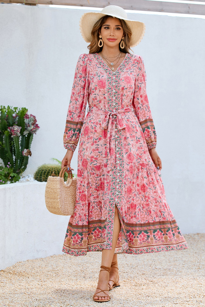 R.Vivimos Women's Long Sleeve Boho Midi Dress V Neck Floral Print Casual Button Down Loose Ruffle Beach Long Dress with Belt