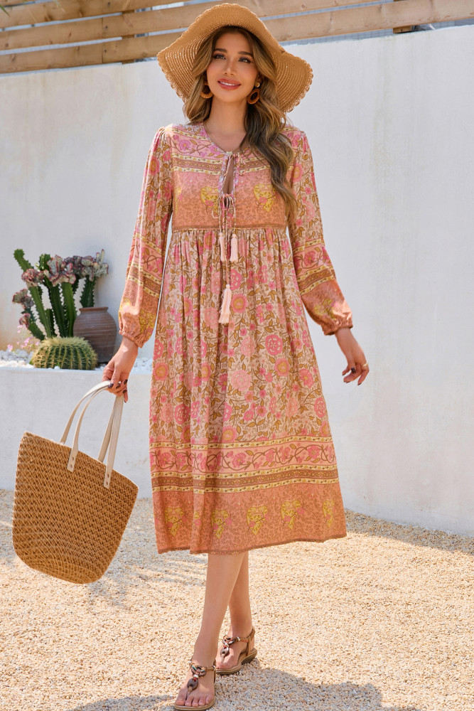 R.Vivimos Women's Long Sleeve Floral Print Retro V Neck Tassel Bohemian Midi Dresses
