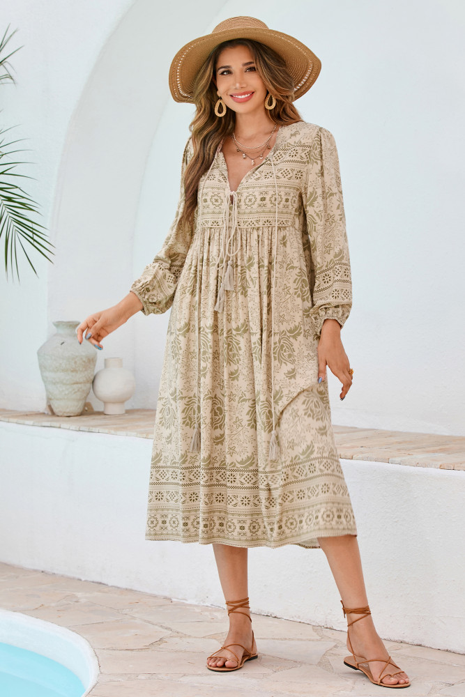 R.Vivimos Women's Long Sleeve Floral Print Retro V Neck Tassel Bohemian Midi Dresses
