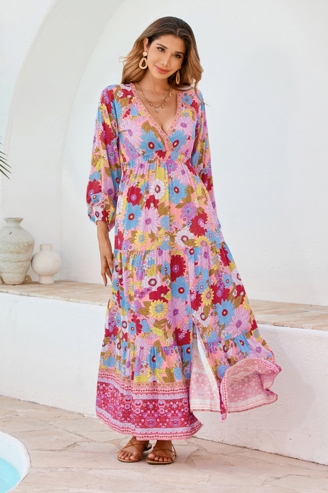 R.Vivimos Women's Boho Floral Print Maxi Dress V Neck Long Sleeve Elastic Waist Casual Flowy Slit Long Sundress