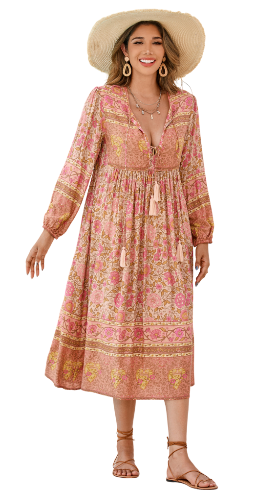 R.Vivimos Women's Long Sleeve Floral Print Retro V Neck Tassel Bohemian Midi Dresses