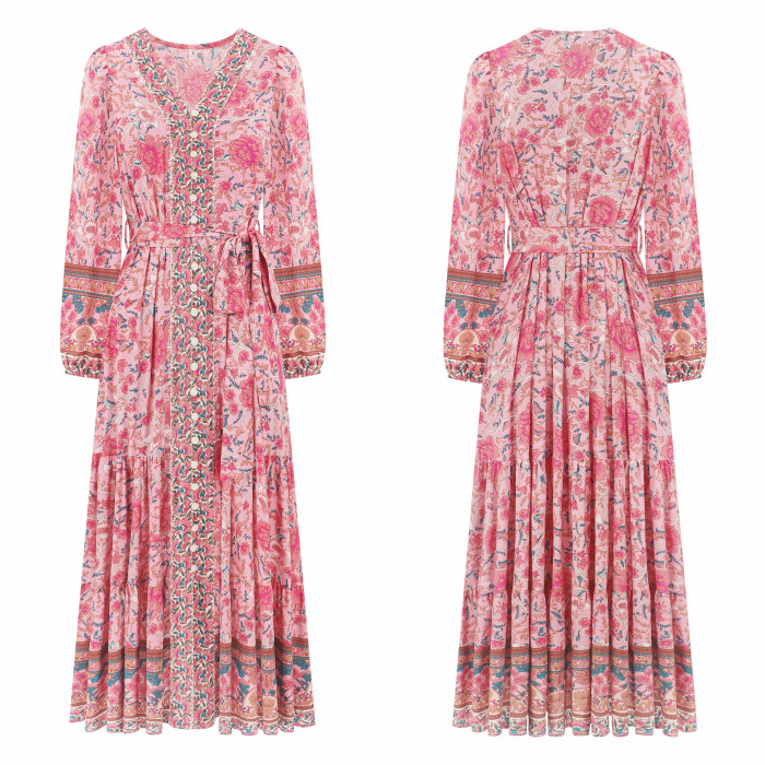 R.Vivimos Women's Long Sleeve Boho Midi Dress V Neck Floral Print Casual Button Down Loose Ruffle Beach Long Dress with Belt