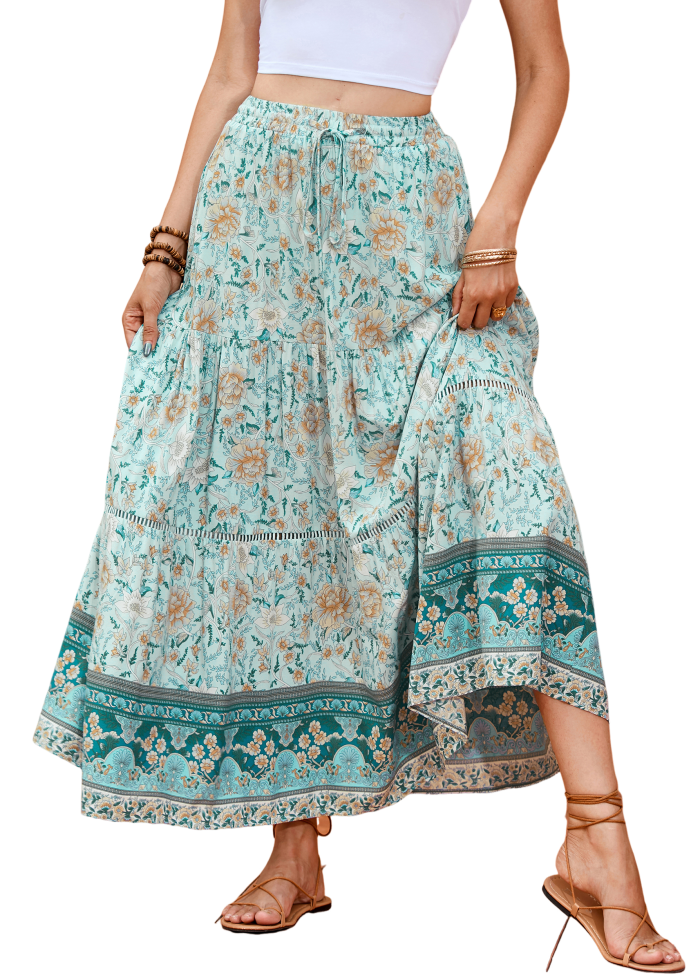 R.Vivimos Womens Summer Cotton Vintage Floral Print Boho Casual Long Skirt