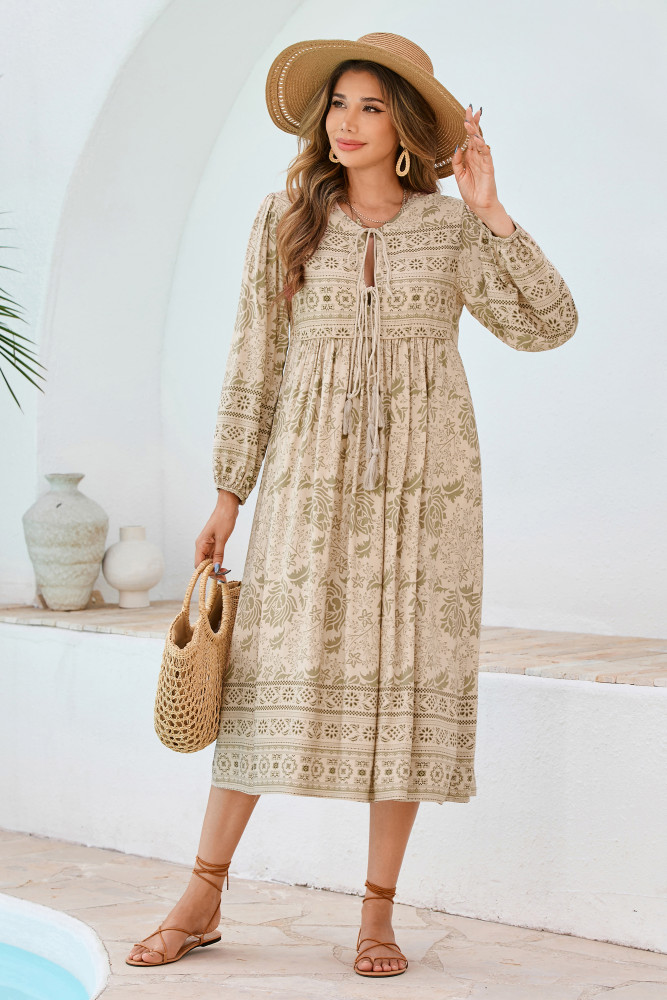 R.Vivimos Women's Long Sleeve Floral Print Retro V Neck Tassel Bohemian Midi Dresses